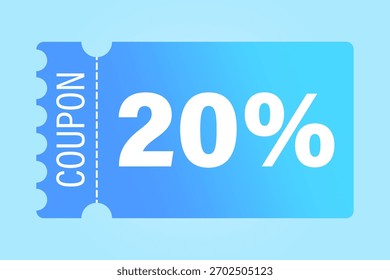 Discount coupon vector. Number twenty percent. Promotion sale ticket. Light blue background.