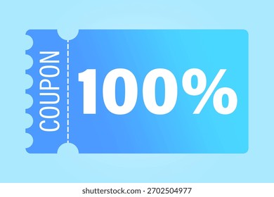 Vector de Cupón de descuento. Cien por ciento de reducción. 100 por ciento de ahorro. Fondo azul claro.
