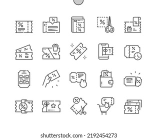 Discount coupon and voucher. Gift, loyalty card. Shopping voucher reward bonus. Pixel Perfect Vector Thin Line Icons. Simple Minimal Pictogram