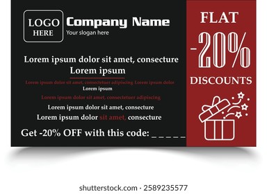 Discount coupon. Discount voucher, gift coupon template with ruffle edges. White coupon mockup with 20 percent off