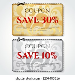 Discount Coupon, Voucher vector. Background template with gold, silver background, modern floral pattern. Save money tag 10 off, 30 off. Promo voucher design, Gift card