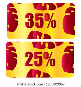 Discount Coupon, Voucher vector. Background template with gold, red background, modern leaves pattern. Save money tag 35 off, 25 off. Promo voucher design, Gift card
