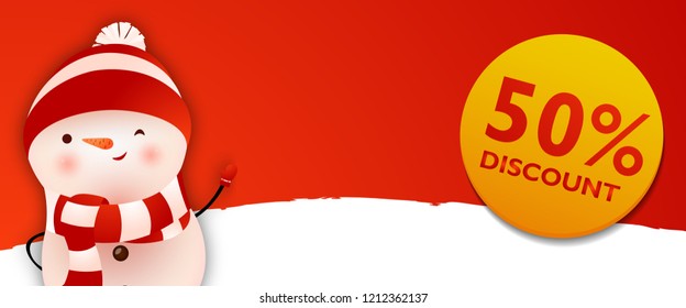 Discount coupon with winking snowman. Creative design of round yellow sale sign with cartoon character of snowman on red background. Can be used for posters, banners, coupons