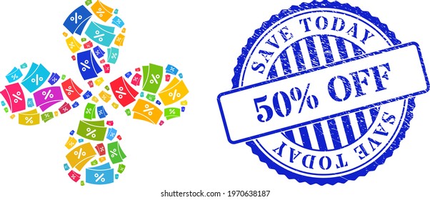 Discount coupones bright explosion abstract flower, and blue round SAVE TODAY 50 percent OFF scratched badge. Object twirl created from random discount coupones items. Vector flower collage in flat