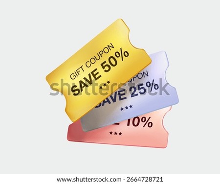 Discount coupons with coupon code, 3D render vector illustration. Sale, price off, isolated on white background. Digital marketing coupons set. Gift voucher icon template for sale off poster