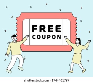 Discount Coupons and Dancers illustration set. free, people, event, free. Vector drawing. Hand drawn style.