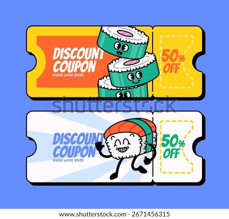 Discount coupons featuring smiling sushi characters vector illustration ideal for restaurants, food delivery, Japanese cuisine, or cafe marketing. Perfect for vouchers, and seasonal food promotions