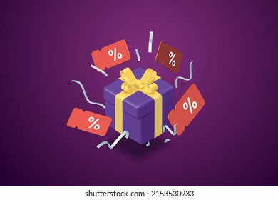 Discount coupons floating around gift boxes on a purple background special discount gift voucher great deals shopping bonus. 3D isometric vector illustration.