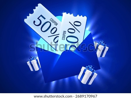 Discount Coupons and Gifts in Blue Envelope. Ideal for online sales and marketing campaigns. Vector illustration.