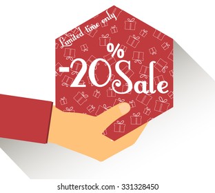 Discount coupons in hand. 20 percent discount. Special offer for holidays and weekends. Card with a seamless pattern of gift boxes. Design element in a flat style.