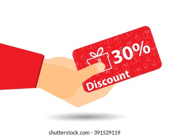 Discount coupons in hand. 30-percent discount. Special offer. Gift boxes on background.