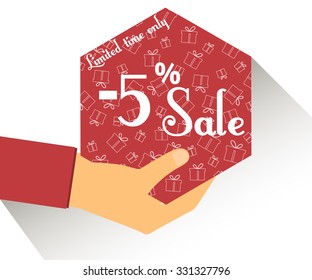 Discount coupons in hand. 5 percent discount. Special offer for holidays and weekends. Card with a seamless pattern of gift boxes. Design element in a flat style.