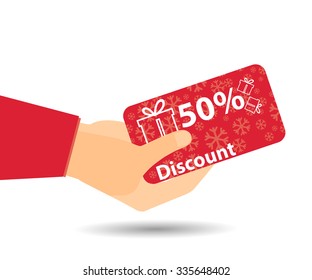 Discount coupons in hand. 50-percent discount. Special offer for holidays and weekends. Card with a pattern of snowflakes and gift boxes. Design element in a flat style.