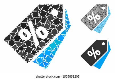 Discount coupons mosaic of inequal items in various sizes and color tones, based on discount coupons icon. Vector rough items are united into mosaic.