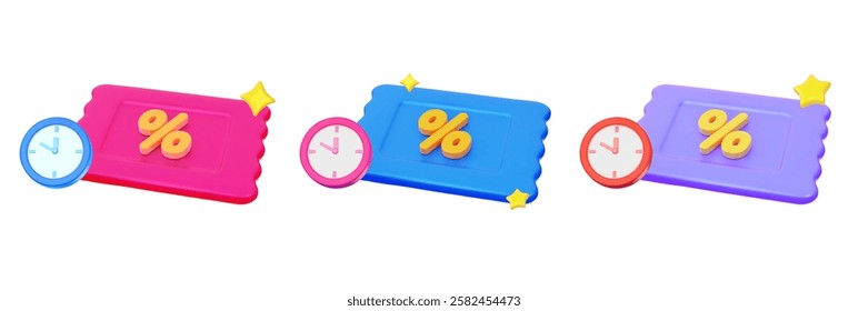 Discount coupons with percentage symbols and clock, different colors, ideal for promotions in retail stores, e-commerce sites or restaurants, 3D vector illustration design element.