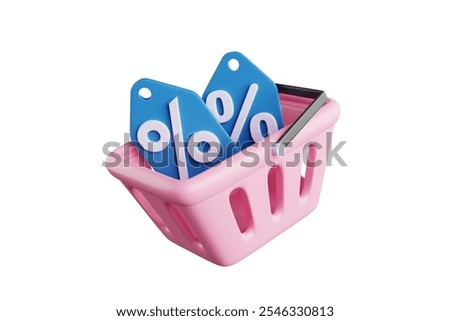 Discount coupons in a pink basket floating in mid-air. Shopping concept. 3D rendering.