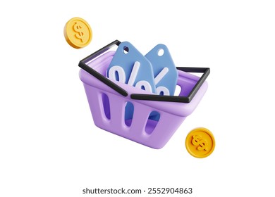 Discount coupons in purple basket, shopping concept, buy discounted products, dollar coins floating beside, 3d rendering