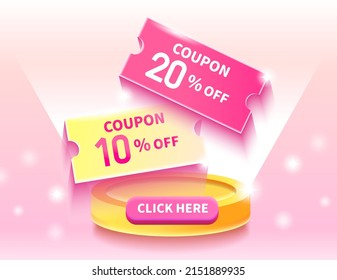 discount coupons. Sale 10%,20% off. Abstract pink background booth. Modern concept design.