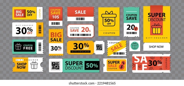 Discount coupons set. Discount coupon, gift voucher, big discount coupon. Vector label template