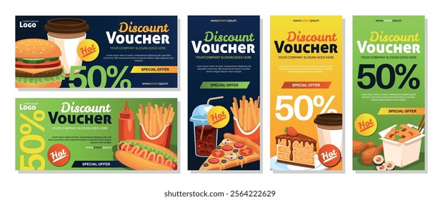 Discount coupons for street food. Fast food sale vouchers template, french fries, burgers, pizza and cake, junk meal, advertising banner design, cartoon flat isolated tidy vector set