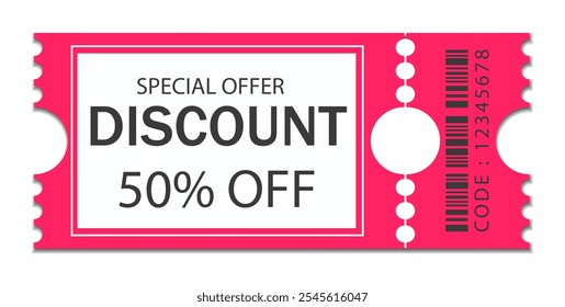 Discount Coupons Ticket. 50 Sale Voucher Coupon. Coupon for web design. Isolated Label on transparent background, Sale banner with discount coupon. Pink Vector gift voucher vector icon Tag