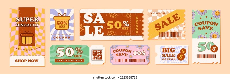 Discount coupons, tickets, gift vouchers in a retro groovy style. Vector template
