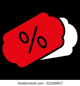 Discount Coupons vector icon. Style is bicolor flat symbol, red and white colors, rounded angles, black background.