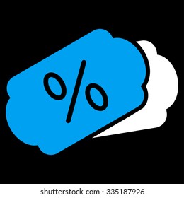 Discount Coupons vector icon. Style is bicolor flat symbol, blue and white colors, rounded angles, black background.