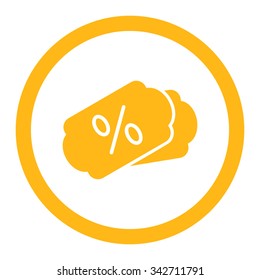 Discount Coupons vector icon. Style is flat rounded symbol, yellow color, rounded angles, white background.