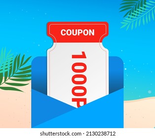 Discount coupons will be presented at stores for customers tired of the midsummer heat illustration set. summer, leaf, letter, sand. Vector drawing. Hand drawn style.