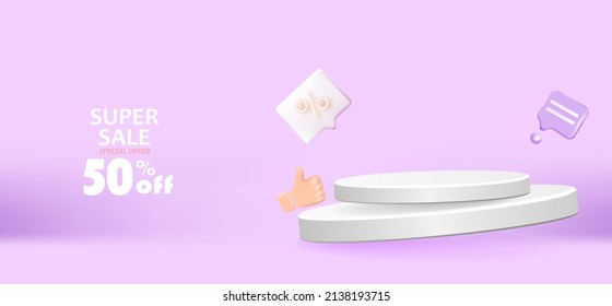 Descubre la composición creativa. 3d símbolo de venta con objetos decorativos podio y caja de regalo. Cartel y afiche de venta. Ilustración vectorial.