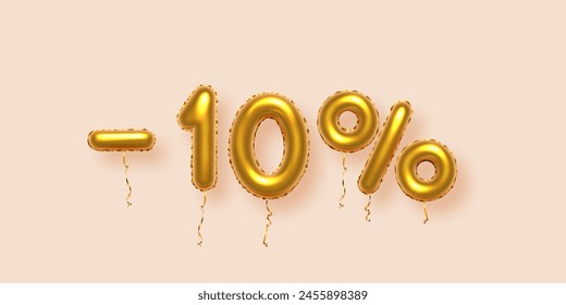 Discount creative composition with gold 10 percent off. 3d Golden sale symbol with decorative balloon numbers, minus and percent signs. Sale banner or poster on beige background vector illustration.
