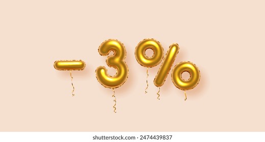 Descuento composición creativa con oro 3 por ciento de descuento. Símbolo de venta de oro 3d con números de globo decorativos, signos menos y por ciento. Anuncio o cartel de la venta en la Ilustración vectorial de fondo beige.