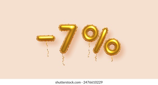 Discount creative composition with gold 7 percent off. 3d Golden sale symbol with decorative balloon numbers, minus and percent signs. Sale banner or poster on beige background vector illustration.