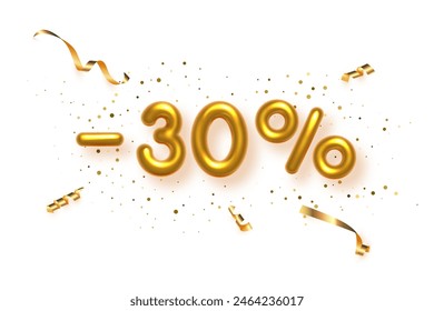 Descuento en composición creativa con descuento en porcentaje de oro. Símbolo de venta de oro 3d con números de globo decorativos, signos menos y por ciento. Anuncio o cartel de la venta en la Ilustración vectorial de fondo blanco.