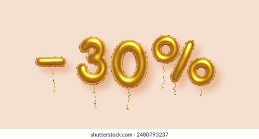 Descuento en composición creativa con descuento en porcentaje de oro. Símbolo de venta de oro 3d con números de globo decorativos, signos menos y por ciento. Anuncio o cartel de la venta en la Ilustración vectorial de fondo beige.