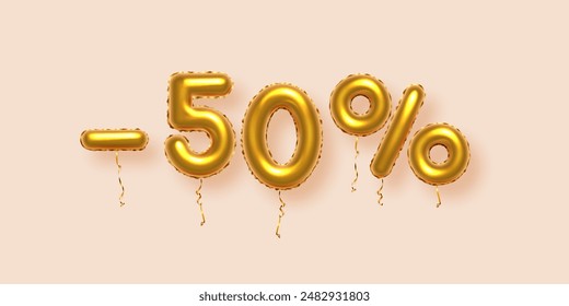 Discount creative composition with gold percent off. 3d Golden sale symbol with decorative balloon numbers, minus and percent signs. Sale banner or poster on beige background vector illustration.