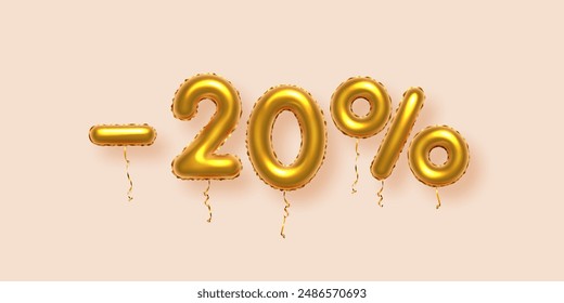 Descuento en composición creativa con descuento en porcentaje de oro. Símbolo de venta de oro 3d con números de globo decorativos, signos menos y por ciento. Anuncio o cartel de la venta en la Ilustración vectorial de fondo beige.