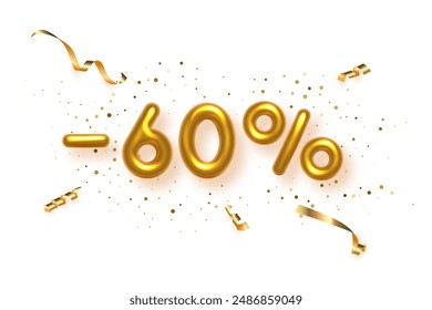 Discount creative composition with gold percent off. 3d Golden sale symbol with decorative balloon numbers, minus and percent signs. Sale banner or poster on white background vector illustration.