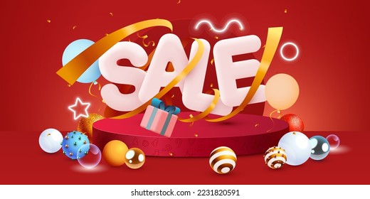 Discount creative composition. Merry Christmas and Happy New Year. Sale banner and poster. Vector illustration.