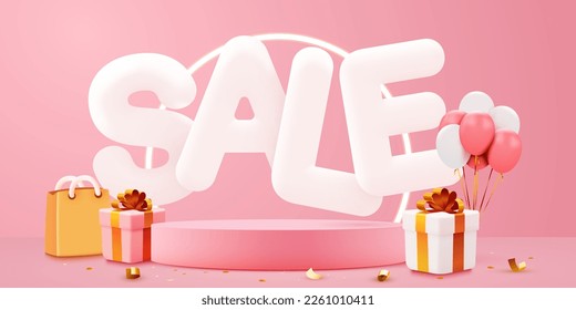 Discount creative composition. Sale symbol with decorative objects, balloons, golden confetti, podium and gift box. Sale banner and poster. Vector illustration.