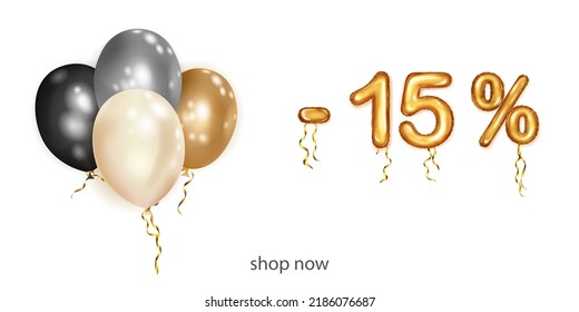Discount creative illustration with white, black and gold helium flying balloons and golden foil numbers. 15 percent off. Sale poster with special offer on white background