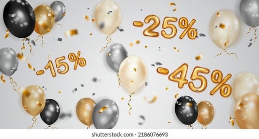 Descubre la ilustración creativa con globos voladores de helio blancos, negros y dorados y números de hojas doradas. 15, 25, 45 por ciento de descuento. Cartel de venta con oferta especial sobre fondo blanco