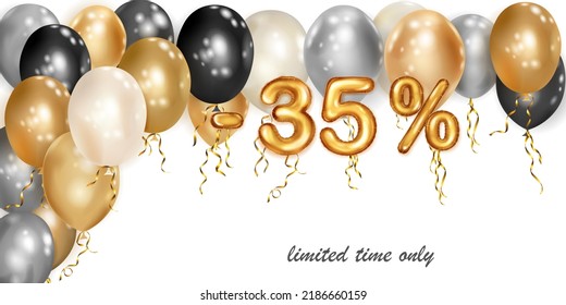 Discount creative illustration with white, black and gold helium flying balloons and golden foil numbers. 35 percent off. Sale poster with special offer on white background