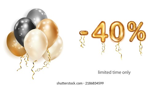Discount creative illustration with white, black and gold helium flying balloons and golden foil numbers. 40 percent off. Sale poster with special offer on white background