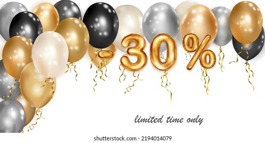 Descubre la ilustración creativa con globos voladores de helio blancos, negros y dorados y números de hojas doradas. 30% de descuento. Cartel de venta con oferta especial sobre fondo blanco