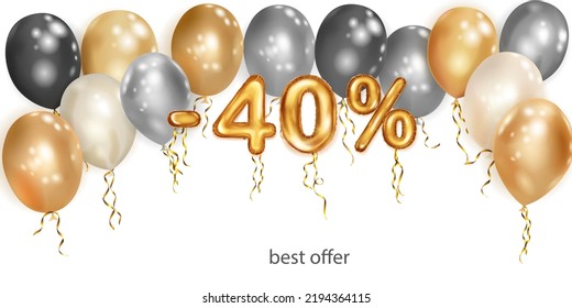 Descubre la ilustración creativa con globos voladores de helio blancos, negros y dorados y números de hojas doradas. 40% de descuento. Cartel de venta con oferta especial sobre fondo blanco