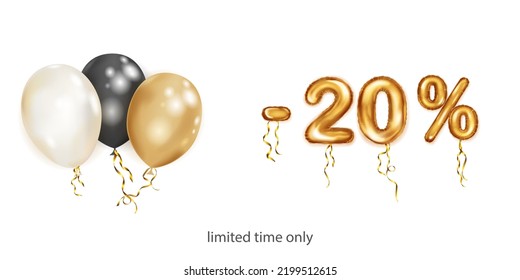Discount creative illustration with white, black and gold helium flying balloons and golden foil numbers. 20 percent off. Sale poster with special offer on white background