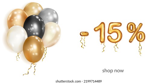 Discount creative illustration with white, black and gold helium flying balloons and golden foil numbers. 15 percent off. Sale poster with special offer on white background