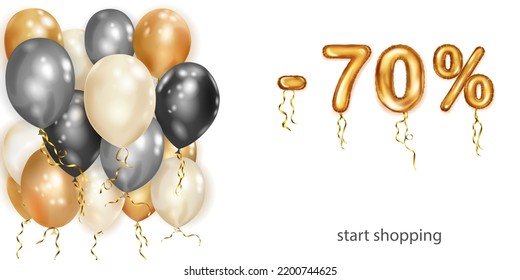 Discount creative illustration with white, black and gold helium flying balloons and golden foil numbers. 70 percent off. Sale poster with special offer on white background